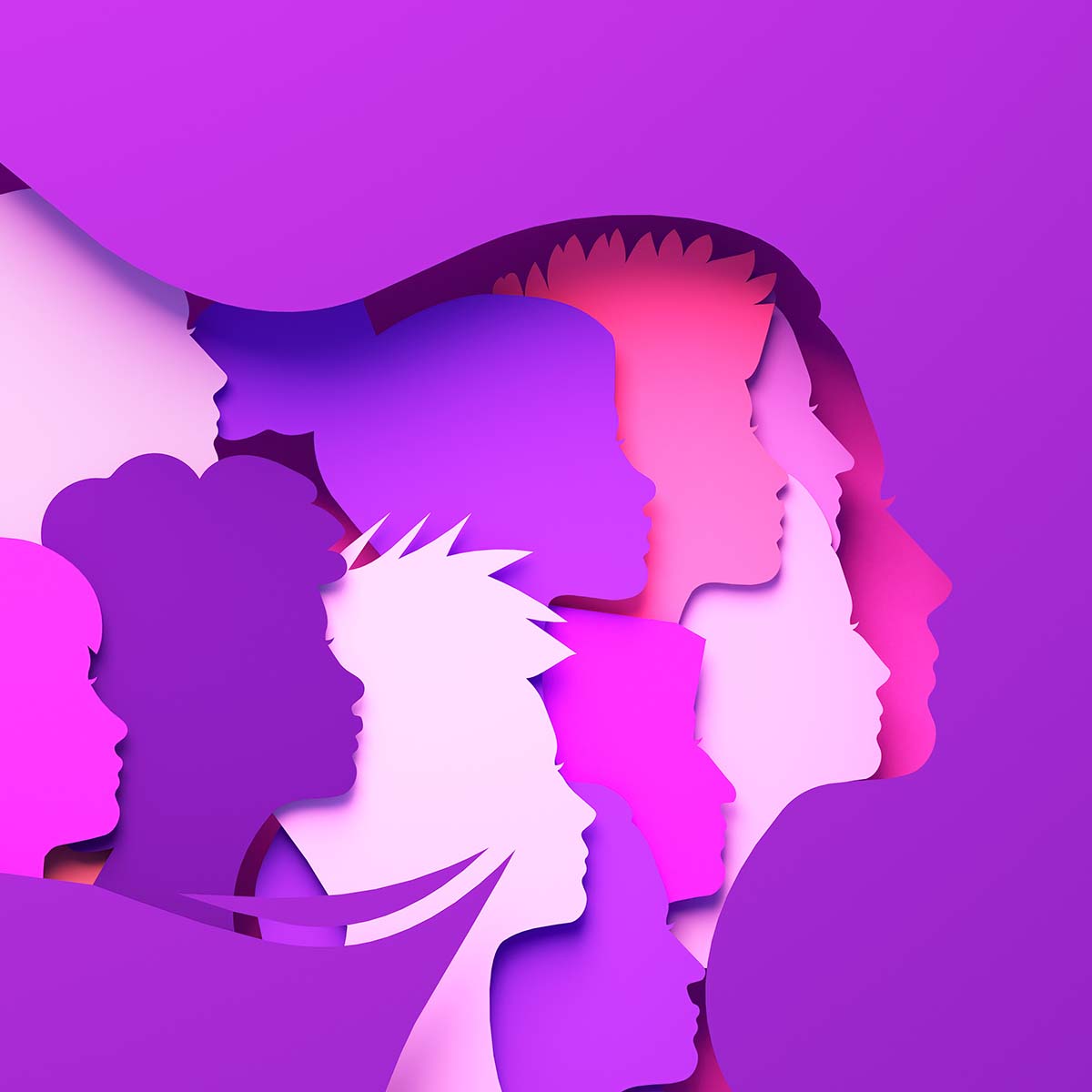 Women's Day banner with silhouettes of multi ethic women's faces